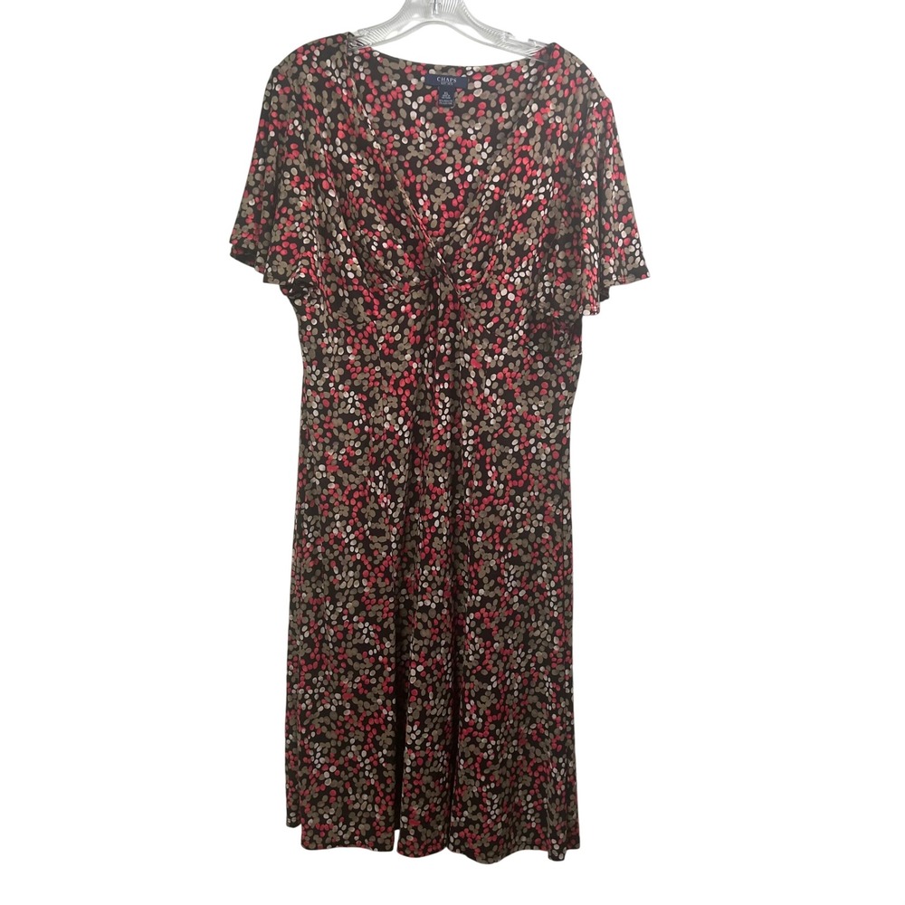 Chaps Womens XL Brown Pink Abstract Dot Faux Wrap V-Neck Short Sleeve Dress